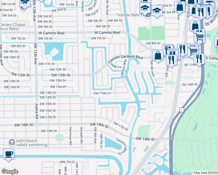map of restaurants, bars, coffee shops, grocery stores, and more near 722 Peachtree Lane in Boca Raton