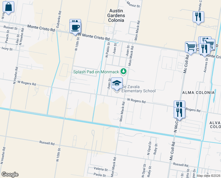 map of restaurants, bars, coffee shops, grocery stores, and more near 2902 N Juan St in Edinburg