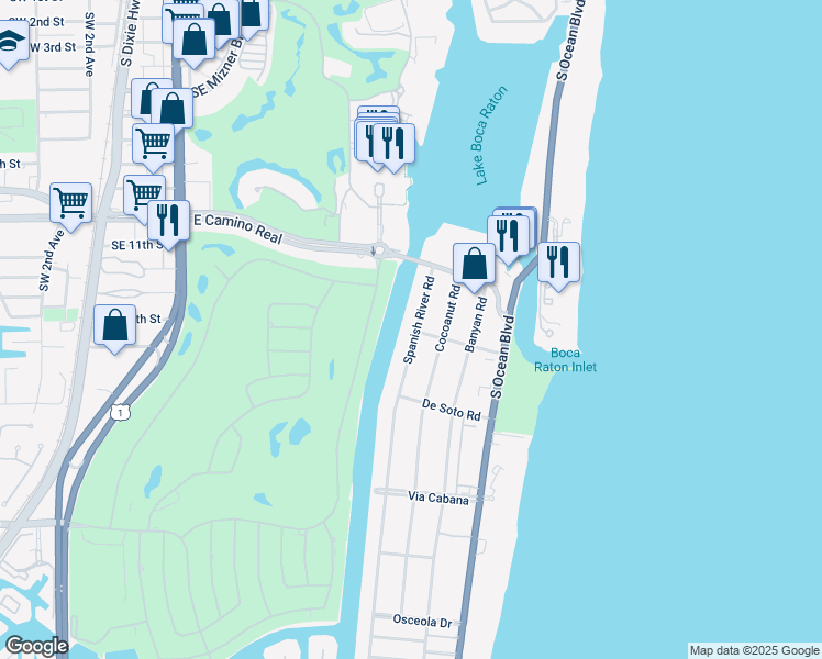 map of restaurants, bars, coffee shops, grocery stores, and more near 1099 Spanish River Road in Boca Raton