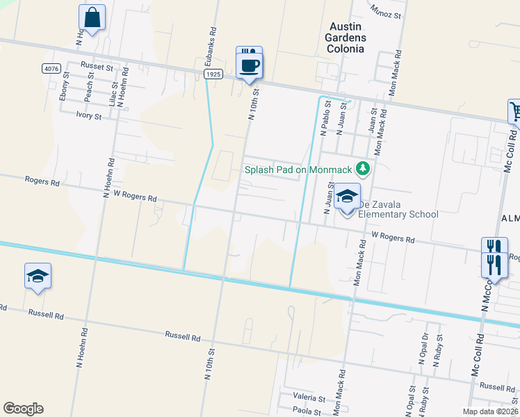 map of restaurants, bars, coffee shops, grocery stores, and more near 4303 West Rogers Road in Edinburg