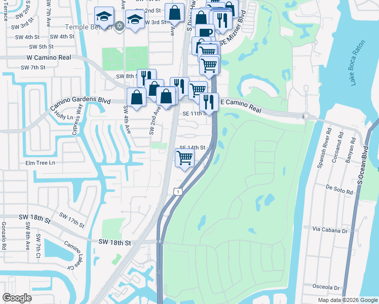 map of restaurants, bars, coffee shops, grocery stores, and more near 44 Southeast 14th Street in Boca Raton
