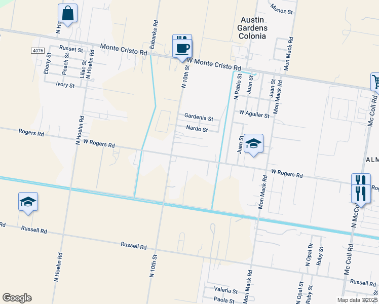 map of restaurants, bars, coffee shops, grocery stores, and more near 4303 West Rogers Road in Edinburg