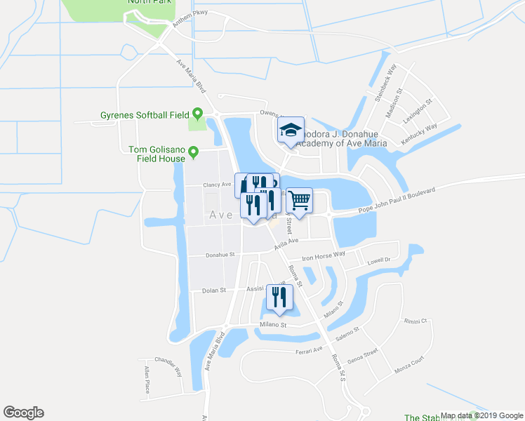 map of restaurants, bars, coffee shops, grocery stores, and more near 107 Seton Street in Ave Maria