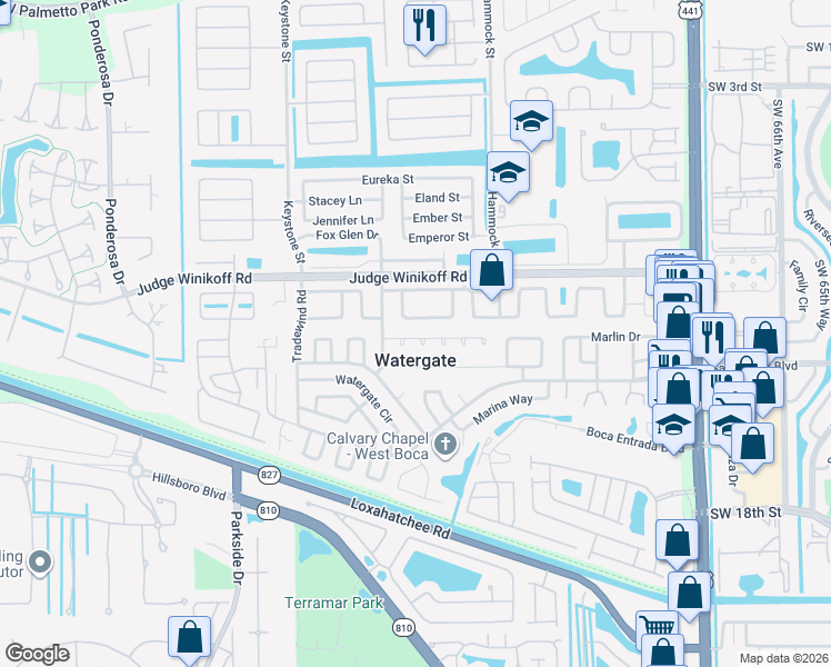 map of restaurants, bars, coffee shops, grocery stores, and more near 11697 Venetian Avenue in Boca Raton