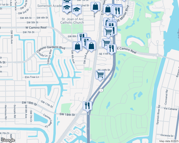map of restaurants, bars, coffee shops, grocery stores, and more near 171 Northwest 16th Street in Boca Raton