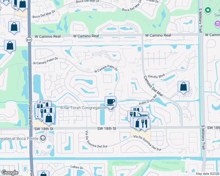 map of restaurants, bars, coffee shops, grocery stores, and more near 6306 Via Palladium in Boca Raton