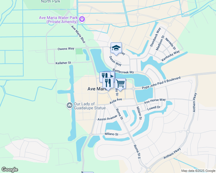map of restaurants, bars, coffee shops, grocery stores, and more near 107 Seton Street in Ave Maria