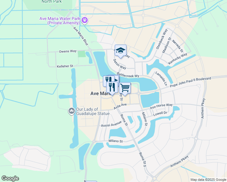 map of restaurants, bars, coffee shops, grocery stores, and more near 107 Seton Street in Ave Maria