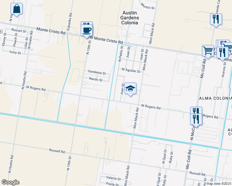 map of restaurants, bars, coffee shops, grocery stores, and more near 2904 North Pablo Street in Edinburg
