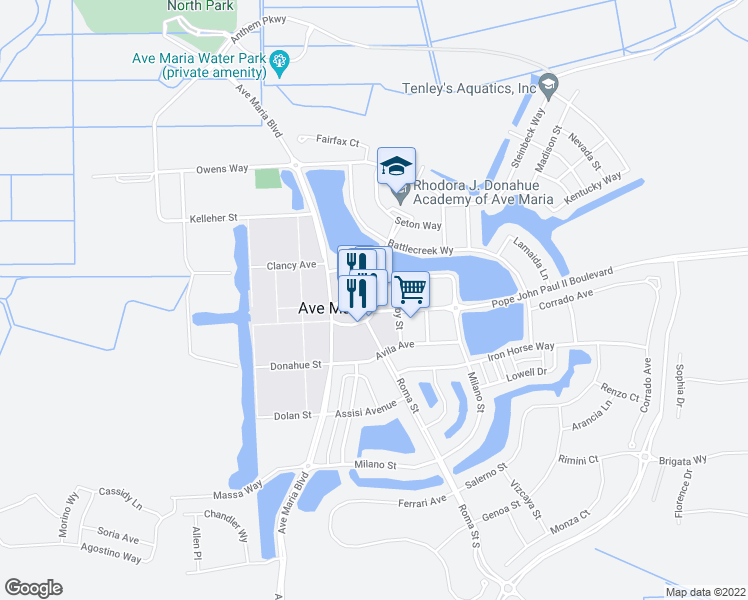 map of restaurants, bars, coffee shops, grocery stores, and more near 107 Seton Street in Ave Maria