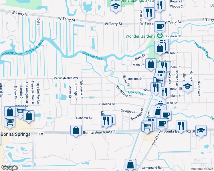 map of restaurants, bars, coffee shops, grocery stores, and more near 9980 Delaware Street in Bonita Springs