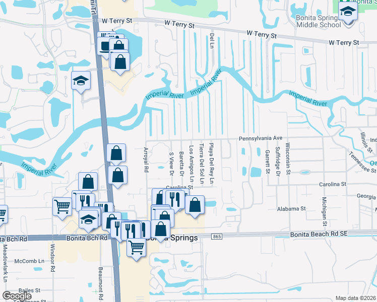 map of restaurants, bars, coffee shops, grocery stores, and more near 27540 Los Amigos Lane in Bonita Springs