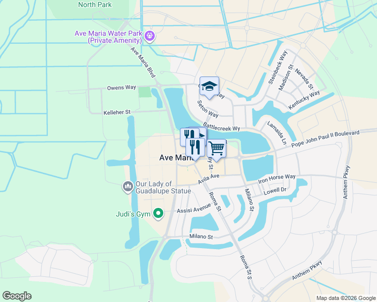 map of restaurants, bars, coffee shops, grocery stores, and more near 5064 Annunciation Circle in Ave Maria