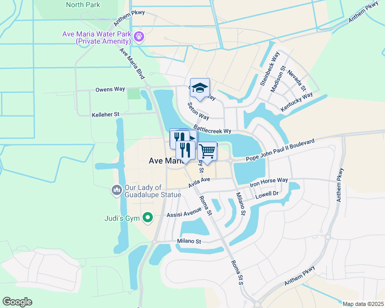 map of restaurants, bars, coffee shops, grocery stores, and more near 107 Seton Street in Ave Maria