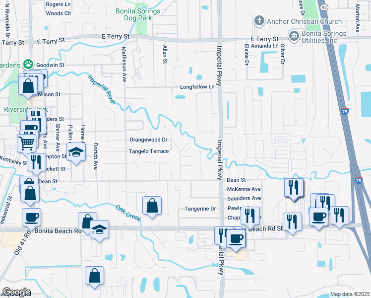 map of restaurants, bars, coffee shops, grocery stores, and more near 11345 Hunting Road in Bonita Springs