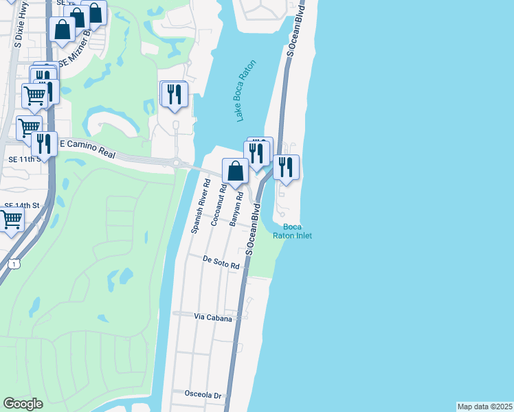 map of restaurants, bars, coffee shops, grocery stores, and more near E Camino Real & Florida A1A in Boca Raton