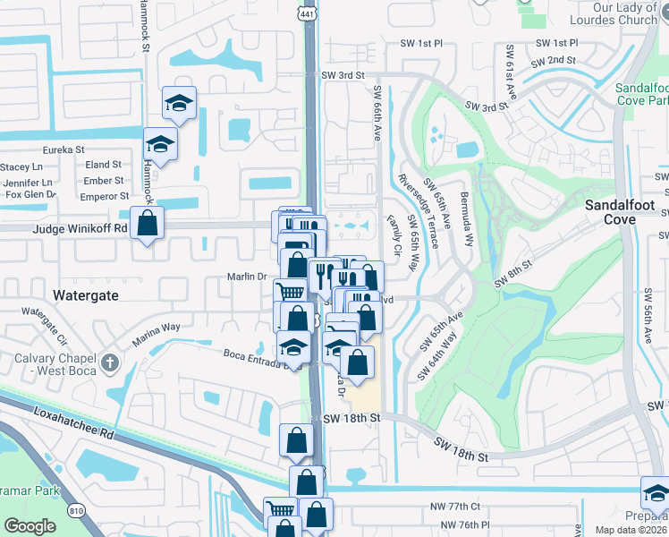 map of restaurants, bars, coffee shops, grocery stores, and more near 9949 Sandalfoot Boulevard in Boca Raton