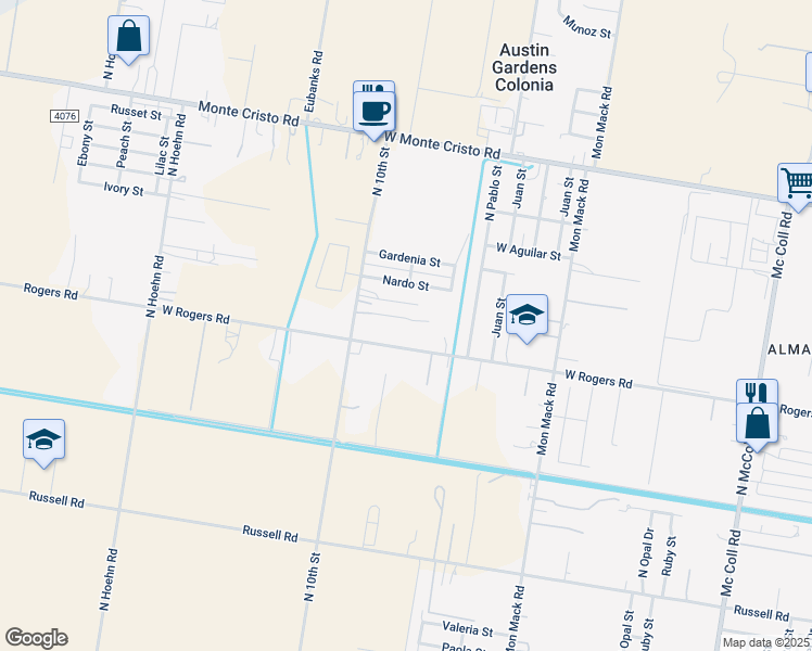 map of restaurants, bars, coffee shops, grocery stores, and more near 4303 West Rogers Road in Edinburg