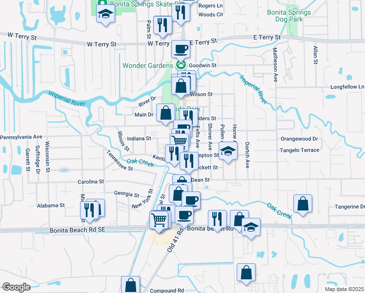 map of restaurants, bars, coffee shops, grocery stores, and more near 27625 Old 41 Road in Bonita Springs