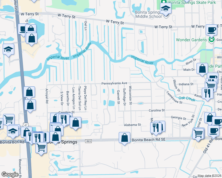 map of restaurants, bars, coffee shops, grocery stores, and more near 27641 Hacienda East Boulevard in Bonita Springs