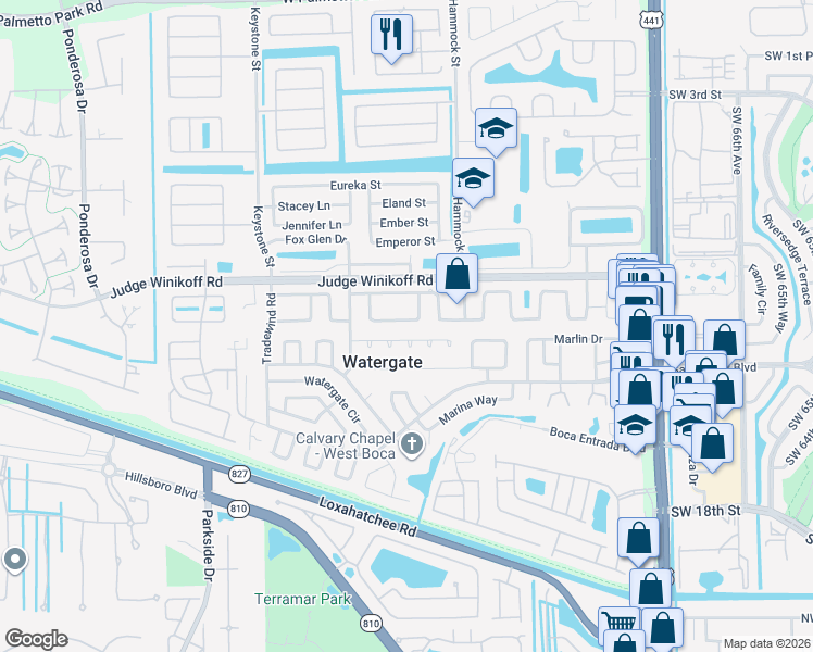 map of restaurants, bars, coffee shops, grocery stores, and more near 10684 Shady Pond Lane in Boca Raton