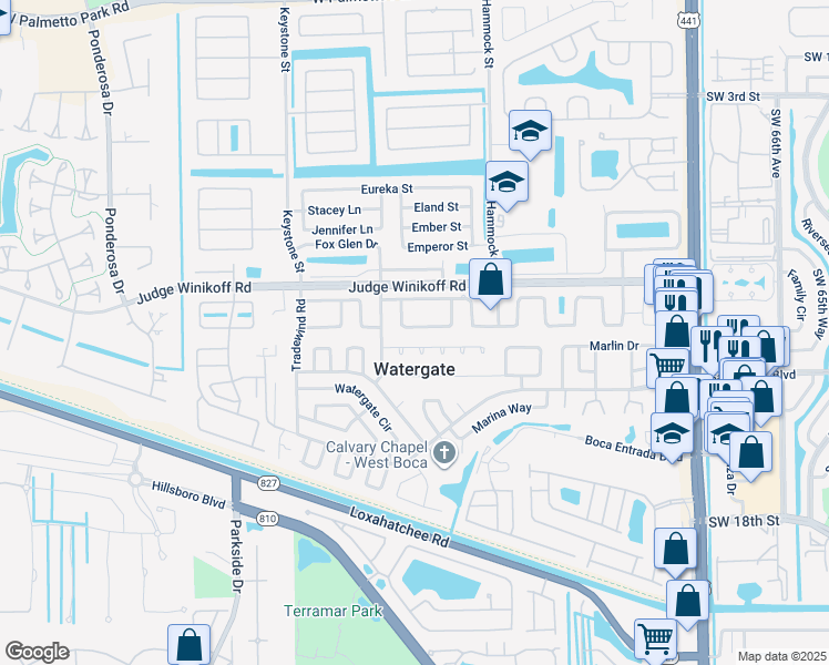 map of restaurants, bars, coffee shops, grocery stores, and more near 10714 Shady Pond Lane in Boca Raton