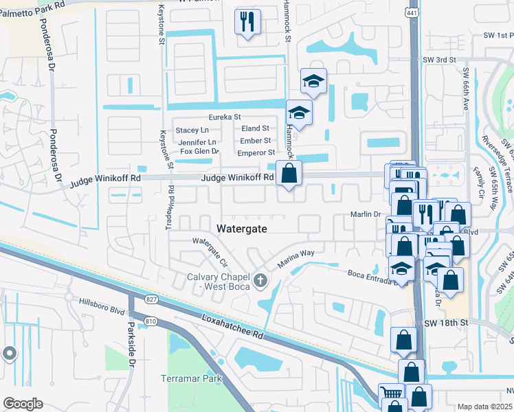 map of restaurants, bars, coffee shops, grocery stores, and more near 10684 Shady Pond Lane in Boca Raton