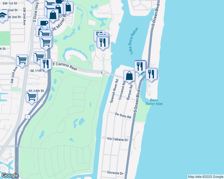 map of restaurants, bars, coffee shops, grocery stores, and more near 1099 Spanish River Road in Boca Raton