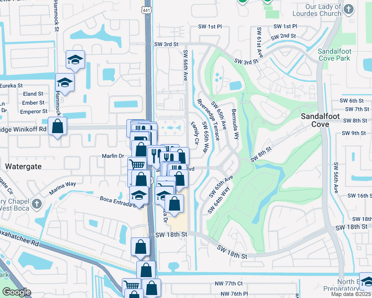 map of restaurants, bars, coffee shops, grocery stores, and more near 9855 Sandalfoot Boulevard in Boca Raton