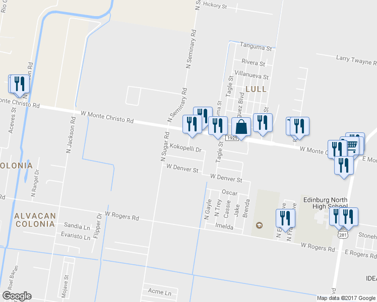 map of restaurants, bars, coffee shops, grocery stores, and more near 1340 Kokopelli Drive in Edinburg