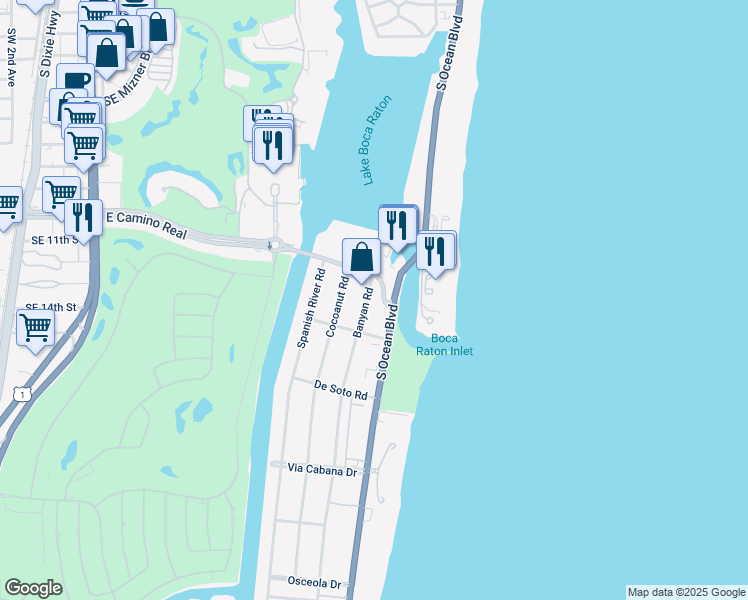 map of restaurants, bars, coffee shops, grocery stores, and more near 1040 Banyan Road in Boca Raton