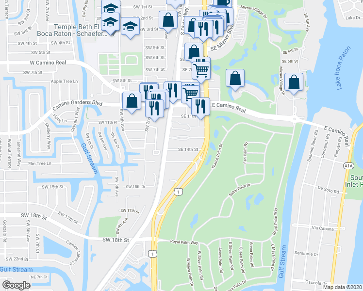 map of restaurants, bars, coffee shops, grocery stores, and more near 44 Southeast 14th Street in Boca Raton