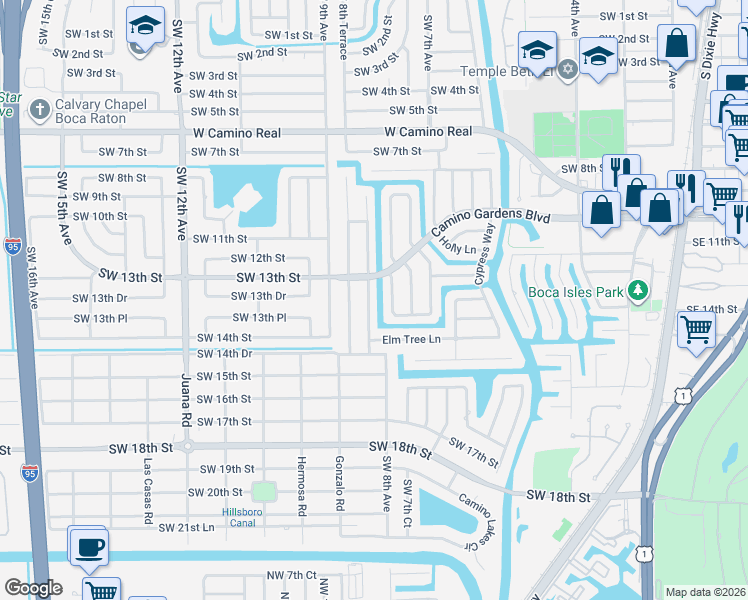 map of restaurants, bars, coffee shops, grocery stores, and more near 1365 Tamarind Way in Boca Raton