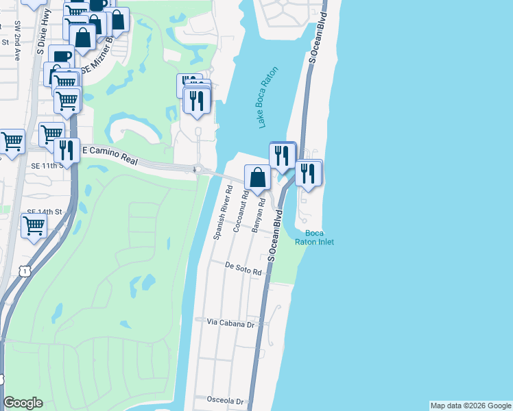 map of restaurants, bars, coffee shops, grocery stores, and more near 1040 Banyan Road in Boca Raton