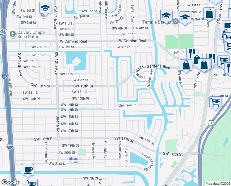 map of restaurants, bars, coffee shops, grocery stores, and more near 1365 Tamarind Way in Boca Raton