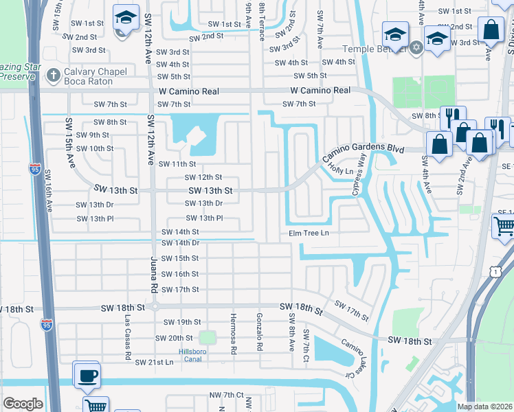 map of restaurants, bars, coffee shops, grocery stores, and more near 1377 Southwest 9th Avenue in Boca Raton