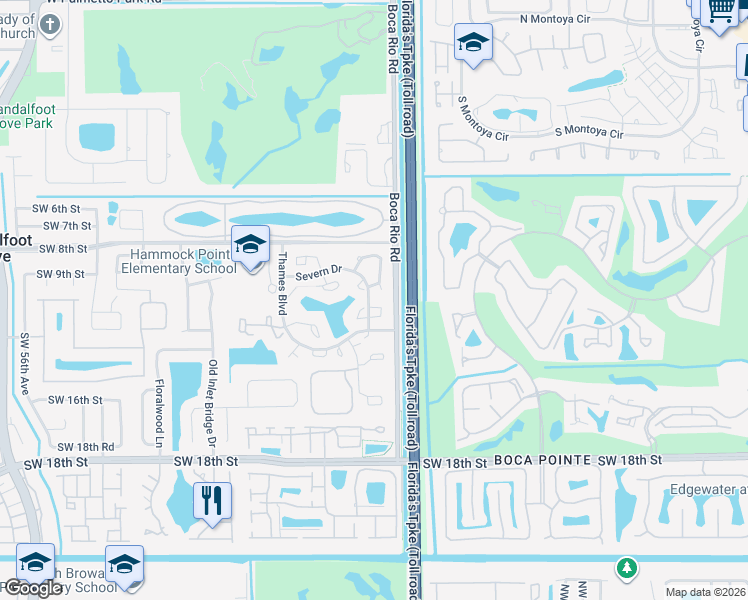 map of restaurants, bars, coffee shops, grocery stores, and more near 8087 Severn Drive in Boca Raton