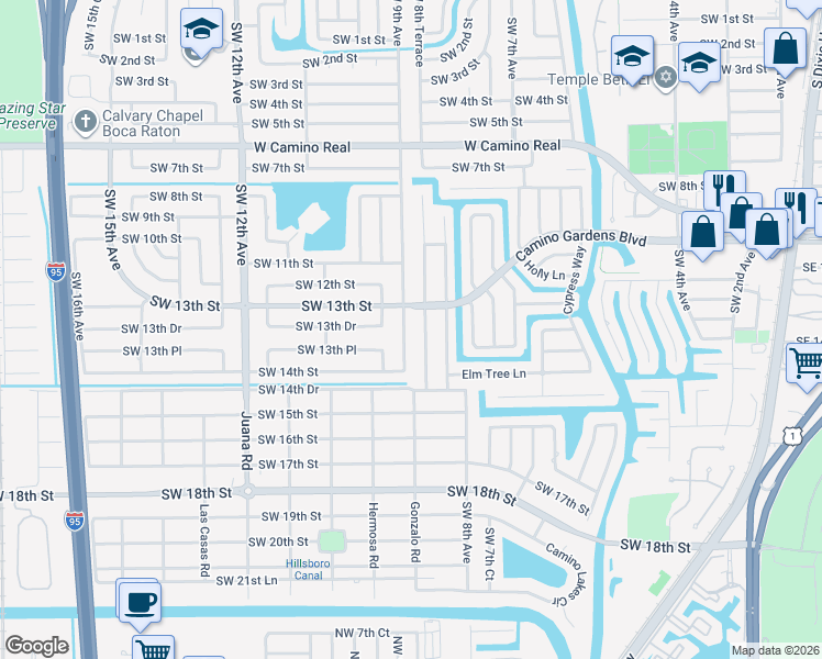 map of restaurants, bars, coffee shops, grocery stores, and more near 1377 Southwest 9th Avenue in Boca Raton