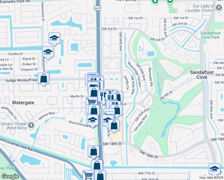map of restaurants, bars, coffee shops, grocery stores, and more near 22715 Southwest 66th Avenue in Boca Raton