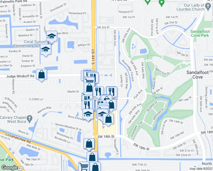 map of restaurants, bars, coffee shops, grocery stores, and more near 9943 Three Lakes Circle in Boca Raton