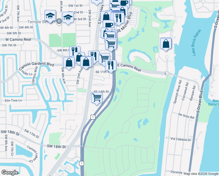 map of restaurants, bars, coffee shops, grocery stores, and more near 1361 South Federal Highway in Boca Raton