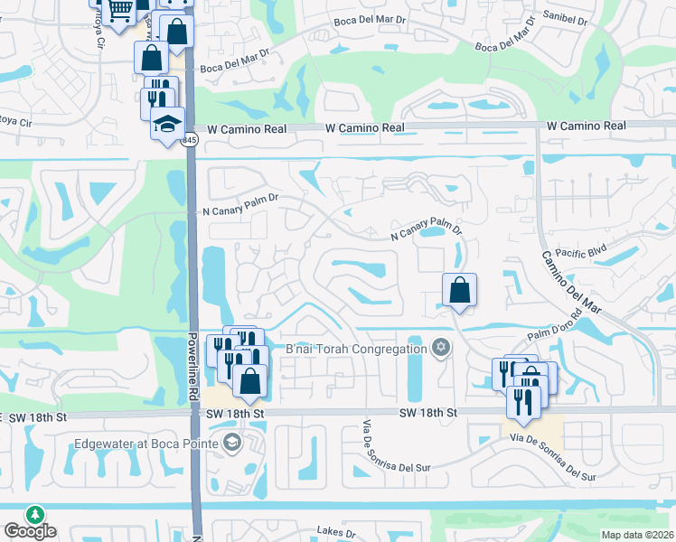 map of restaurants, bars, coffee shops, grocery stores, and more near 6491 Via Rosa in Boca Raton