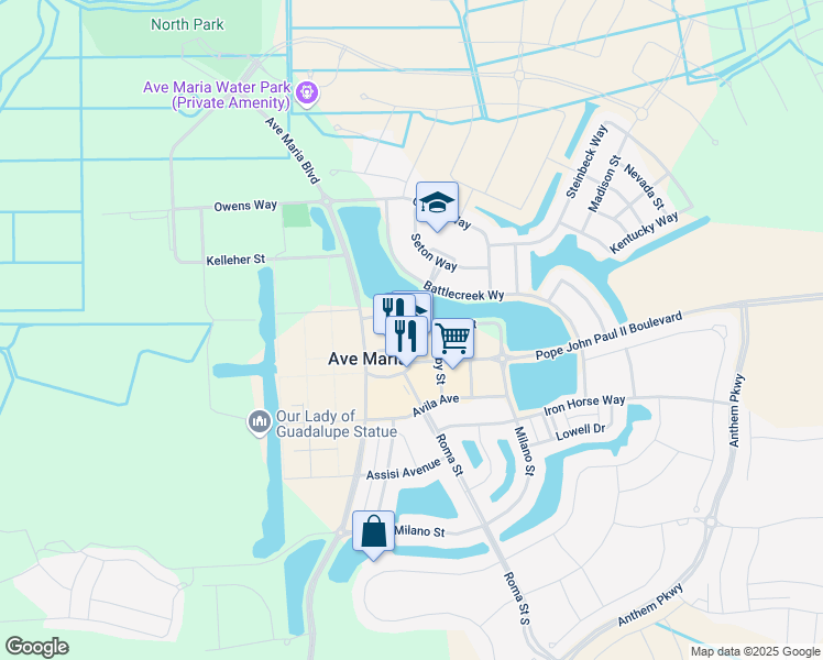 map of restaurants, bars, coffee shops, grocery stores, and more near 5025 Seton Street in Ave Maria