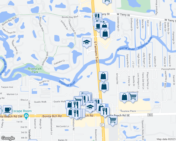 map of restaurants, bars, coffee shops, grocery stores, and more near 27550 South Tamiami Trail in Bonita Springs