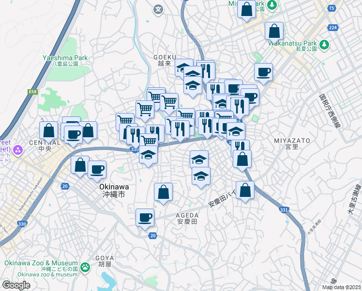 map of restaurants, bars, coffee shops, grocery stores, and more near  in Okinawa