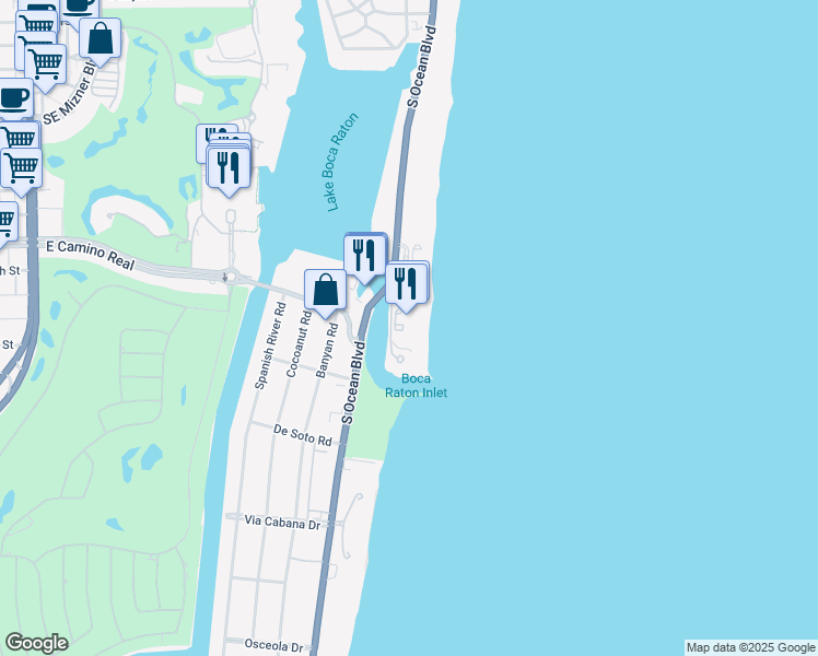 map of restaurants, bars, coffee shops, grocery stores, and more near 900 South Ocean Boulevard in Boca Raton