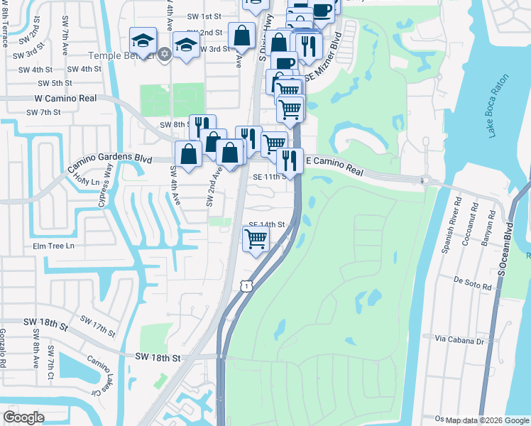 map of restaurants, bars, coffee shops, grocery stores, and more near 40 Southeast 13th Street in Boca Raton