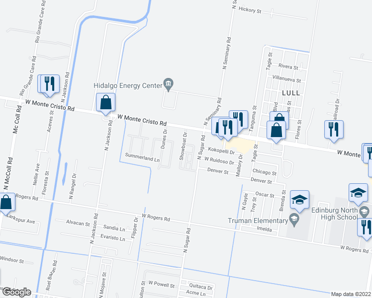 map of restaurants, bars, coffee shops, grocery stores, and more near 3509 Showboat Drive in Edinburg