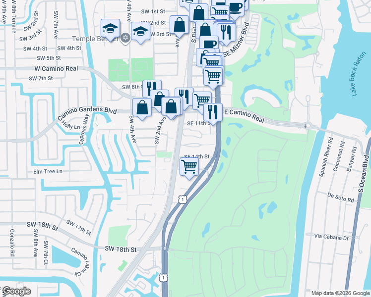 map of restaurants, bars, coffee shops, grocery stores, and more near 15 Southeast 13th Street in Boca Raton