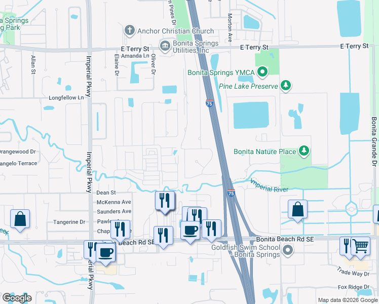 map of restaurants, bars, coffee shops, grocery stores, and more near 27511 Pinecrest Lane in Bonita Springs